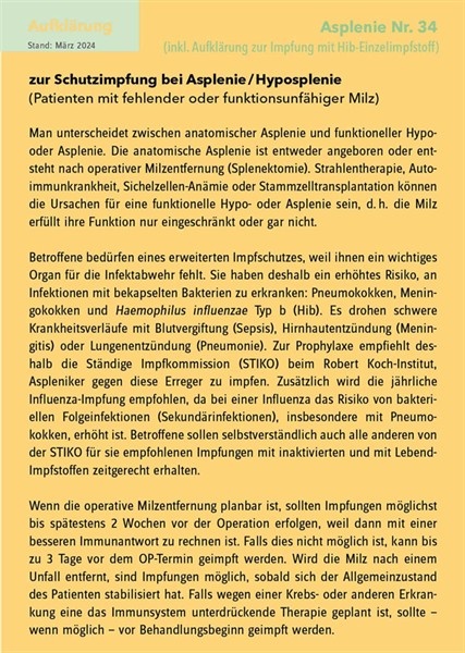 20 Stück Impfung bei Asplenie + Hib-Aufklärungsbogen Nr. 34
